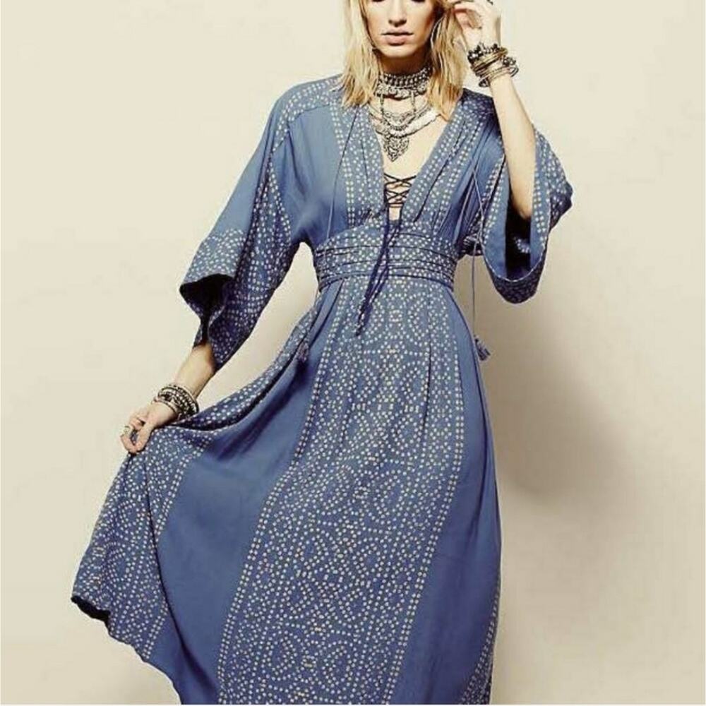 Free People Blue Boho Wide Sleeve Midi Dress - Picture 9 of 12